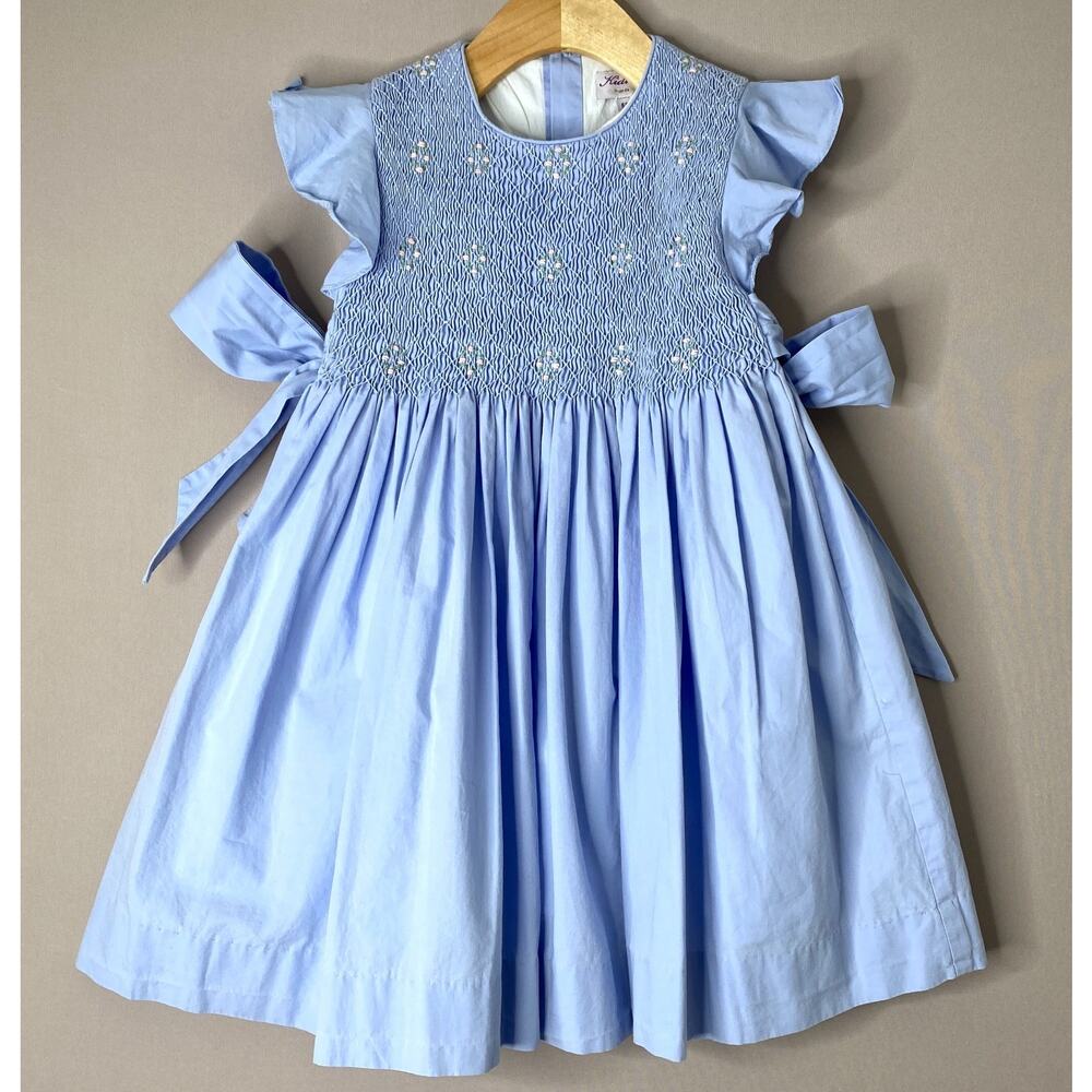 Kidiwi France Floral Smocked Blue Party Dress w/Side Bows Girls 5 Yrs/5A